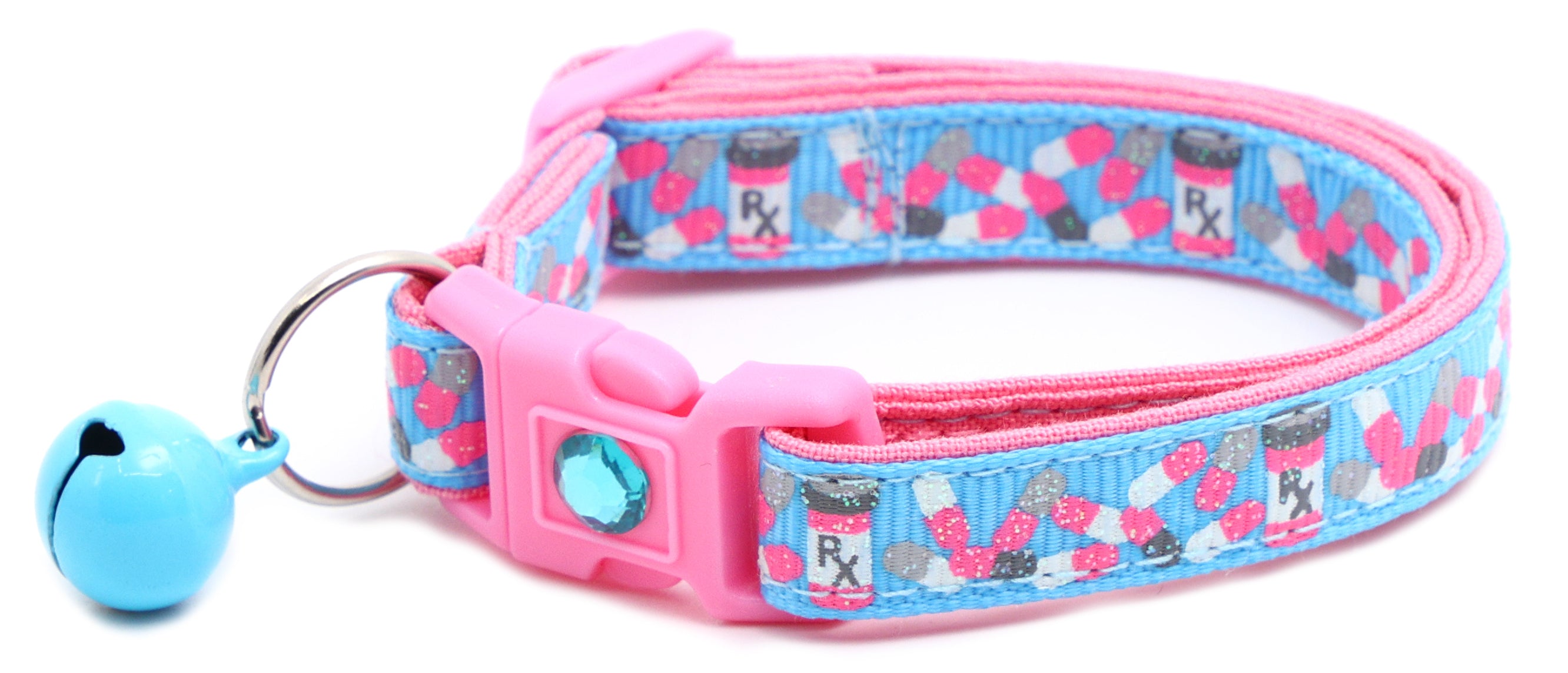 Handmade Pills Breakaway Cat Collar in reinforced cotton with adjustable sizes and breakaway clip for safety.